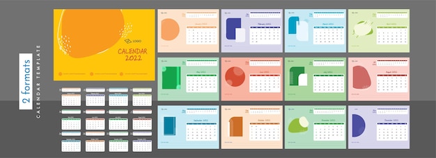 Colorful Complete Set Of 12 Month Yearly Calendar Design With Copy Space For 2022.