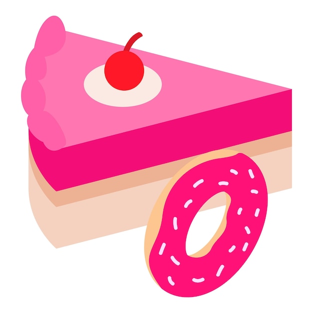 Colorful confectionery icon isometric vector Sweet pink donut and piece of cake Sweet dessert pastry