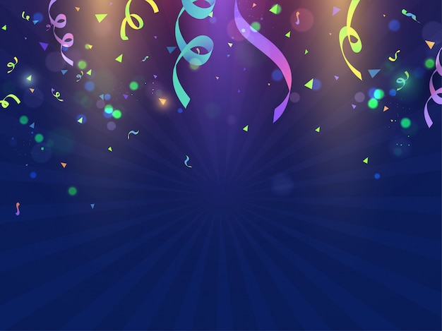 Colorful confetti decorated blue rays background