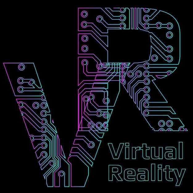 배너 또는 광고를 위해 검정색으로 격리된 PCB 회로 기판 트랙으로 천공된 가상 현실용 문자 VR 약어의 다채로운 윤곽