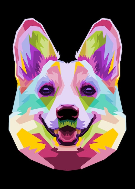 Colorful corgi dog head icon on pop art style