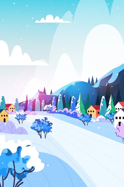 Vector colorful cottages in ski resort winter landscape background