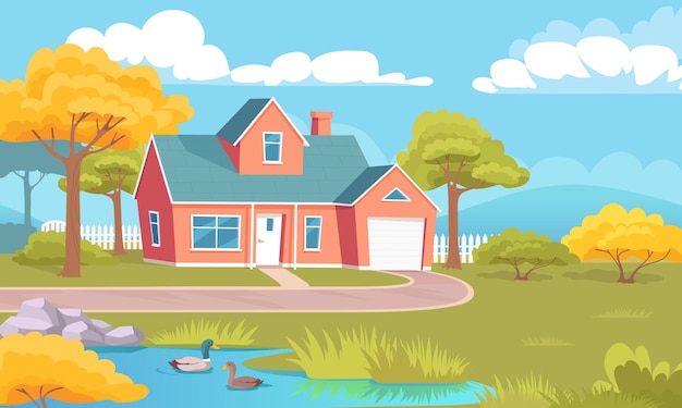 Vector colorful country house with garden lawn and lake