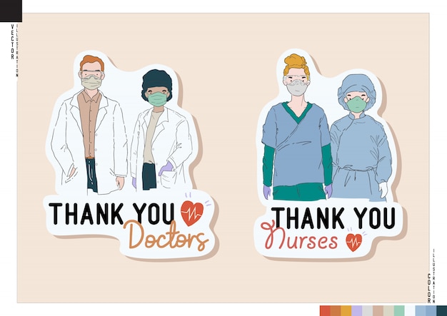 Vector colorful   of covid-19 medical staff. thank you doctors and nurses stickers. cartoon style illustration for print, web, online scrapbook, diary, etc.