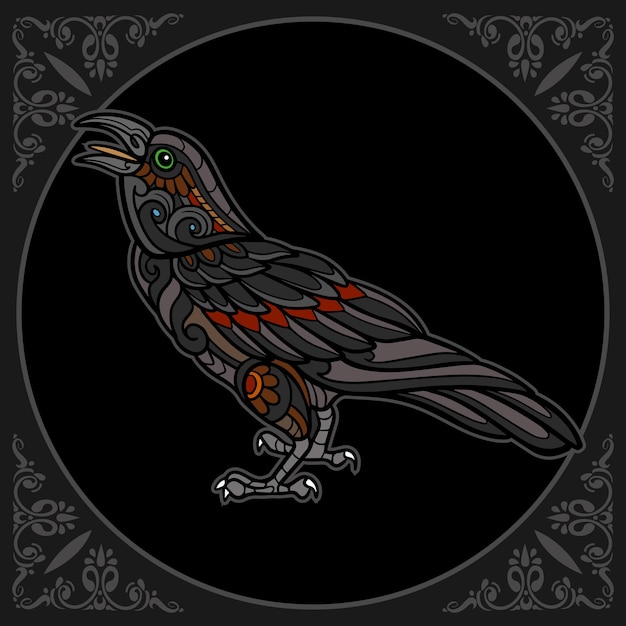 黒の背景に分離されたカラフルなカラス鳥zentangle芸術