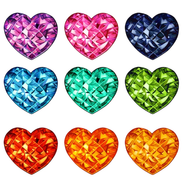Vector colorful crystal heart shaped gems collection