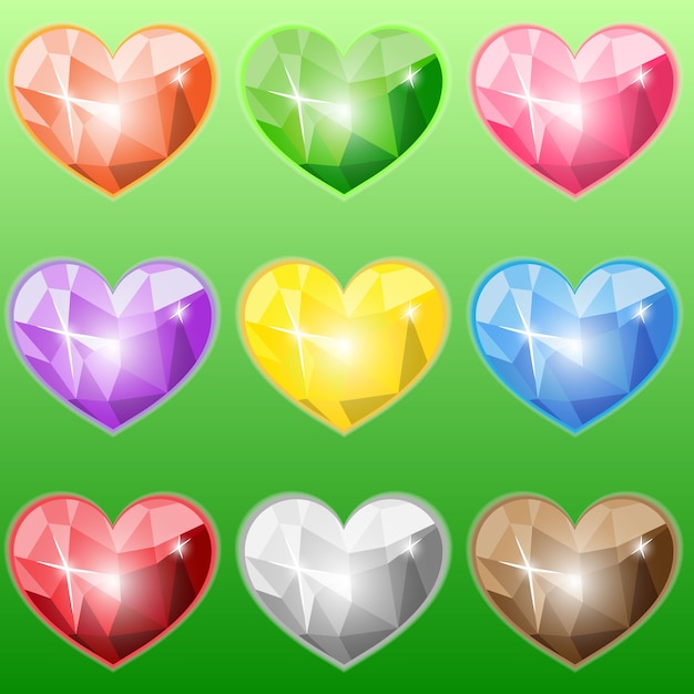 Colorful crystal hearts set cartoon vector game assets.