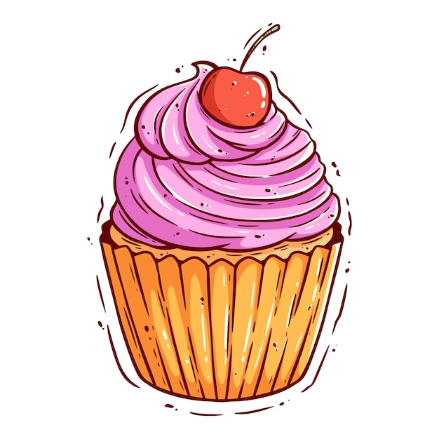 colorful cupcake with cherry topping hand drawing style cupcake