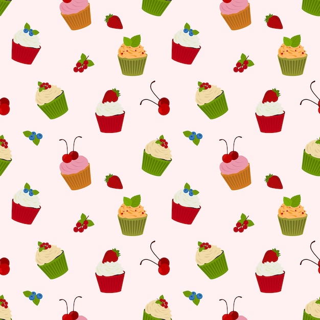 Cupcakes colorati con motivo a frutti di bosco senza cuciture per imballaggi o design in tessuto