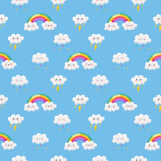 Colorful cute baby cloud seamless pattern umbrella, rain and lightning.