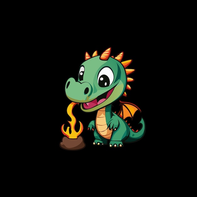 Colorful cute baby dragon blowing fire character cartoon smiling on black color background