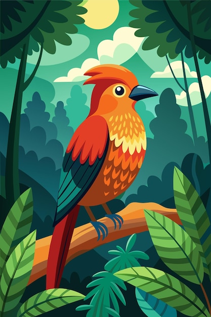 Vector a colorful cute bird sits on a branch in the forest