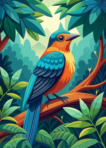 A colorful cute bird sits on a branch in the forest