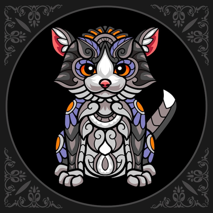 Vector colorful cute cat cartoon zentangle arts isolated on black background