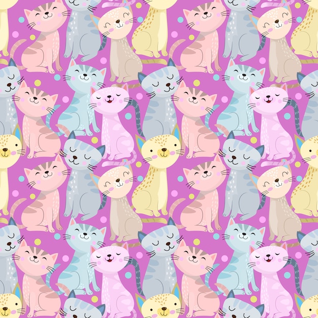 Vector colorful cute cat seamless pattern on purple background.