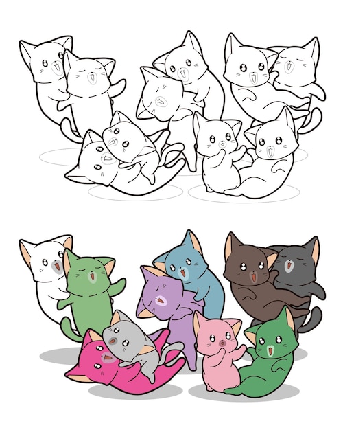 Vector colorful cute cats cartoon coloring page for kids