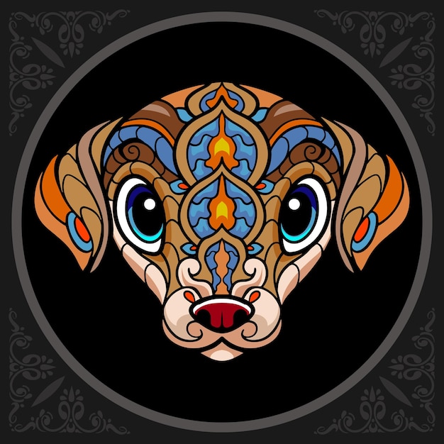 Colorful cute dog head cartoon zentangle arts isolated on black background