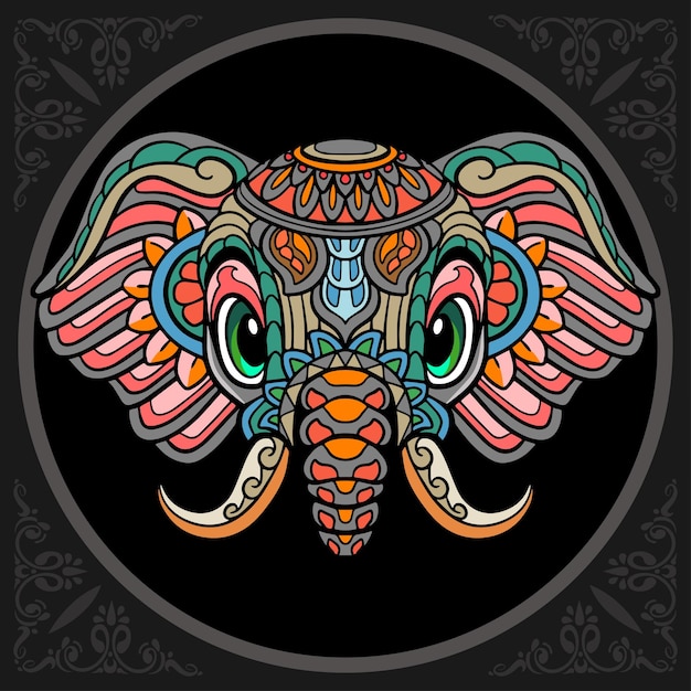 Colorful cute elephant head cartoon zentangle arts isolated on black background