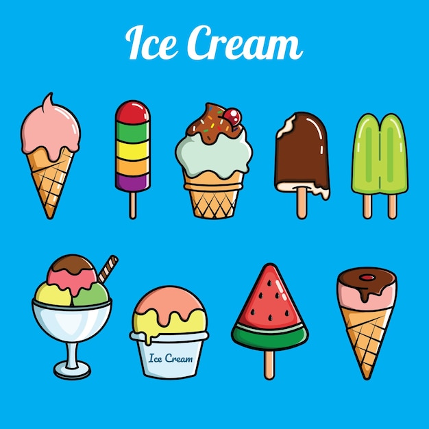 Colorful Cute Ice Cream Doodle with Blue Background