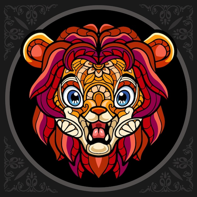 カラフルなかわいいライオンの頭の漫画zentangle芸術は黒の背景に分離