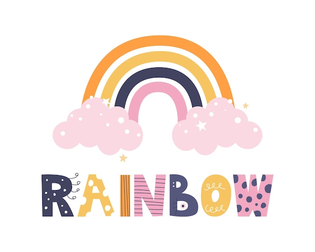 Colorful cute rainbow with pink clouds stars Vector flat cartoon illustration