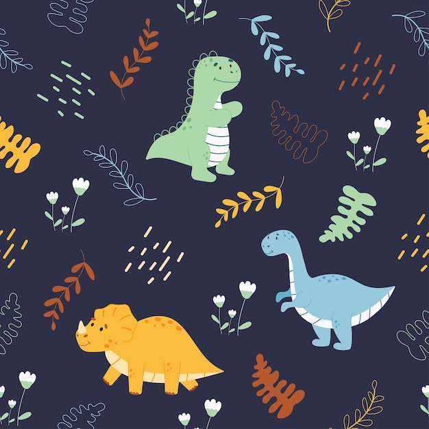 Colorful cute seamless pattern with dinosaurs