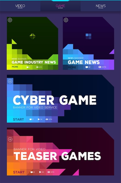 Vector colorful cyber game banners for video services or games news pixel style