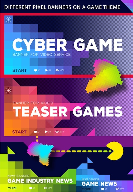 Vettore banner colorati per giochi informatici per servizi video o notizie sui giochi stile pixel