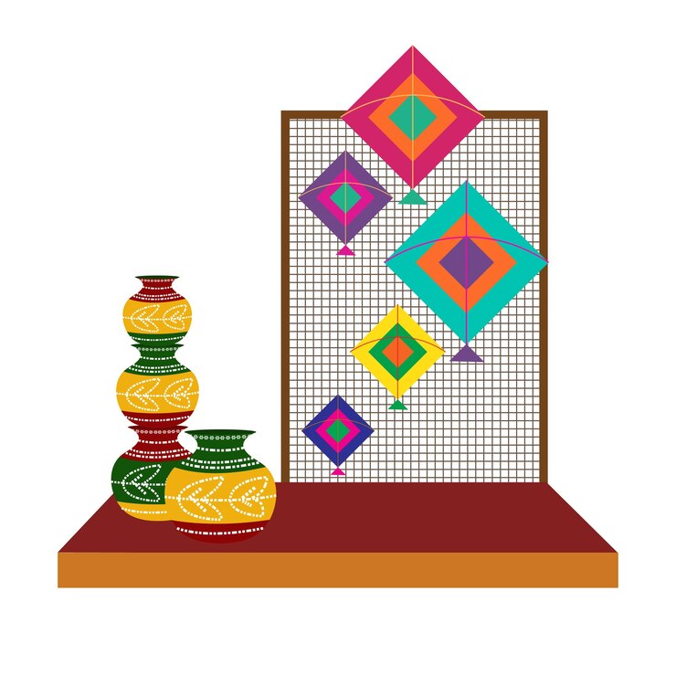 वेक्टर colorful decorated pots and kites vector for indian haldi mehendi sangeet wedding stage decor design