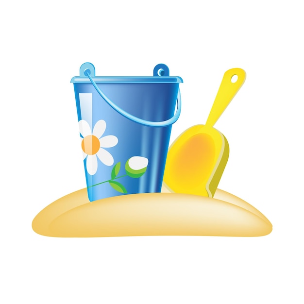 Colorful decorative baby bucket and shovel on hill of sand