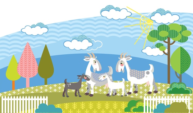 Vector colorful decorative outline cute family goats standing in profile in garden. farm vector cartoon flat illustration in different colors isolated on white background.