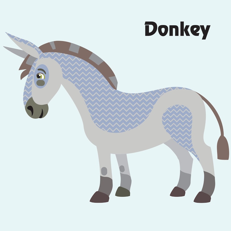 Vector colorful decorative outline cute grey donkey standing in profil vector cartoon flat illustration