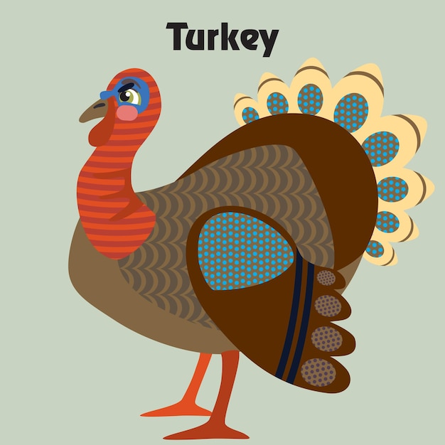 Vector colorful decorative outline funny colorful turkey standing in profile.  farm animals and birds vector cartoon flat illustration in different colors isolated on grey background.