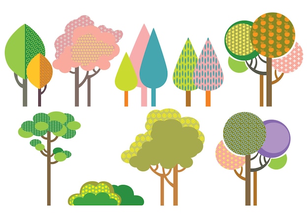 Colorful decorative outline funny trees with seamless pattern forms. Vector cartoon flat illustration in different colors isolated on white background.