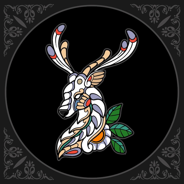 Vector 검은 배경에 고립 된 다채로운 사슴 zentangle 예술