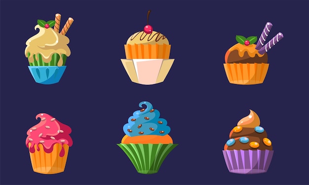 Vettore cupcake colorati e deliziosi confezionati con dessert cremosi luminosi con diversi ingredienti illustrazione vettoriale su sfondo blu