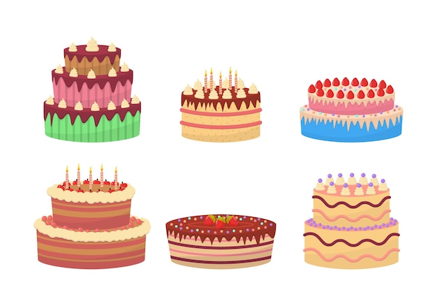 Colorful delicious desserts, birthday cakes with celebration candles and chocolate slices