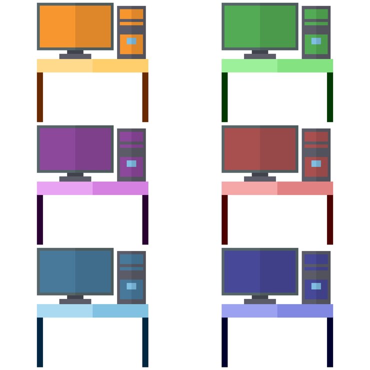 Vector colorful desk with monitor and computer element icon game asset flat illustration