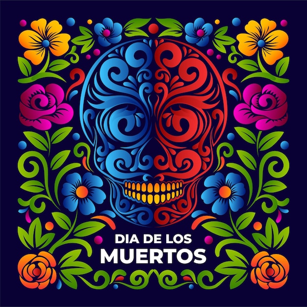 Teschio di zucchero colorato dia de los muertos con decorazione floreale distintivo o sfondo del giorno dei morti