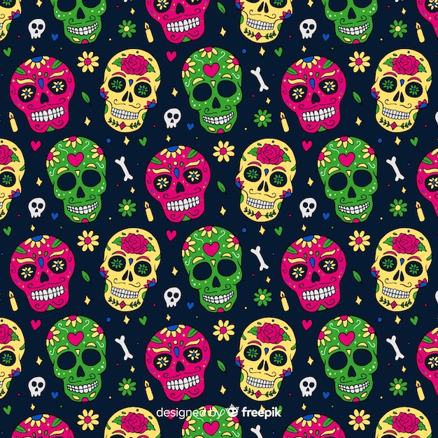 Vector colorful día de muertos pattern collection with flat design