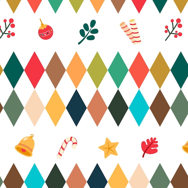 Vector colorful diamond shape with cute christmas ornaments pattern