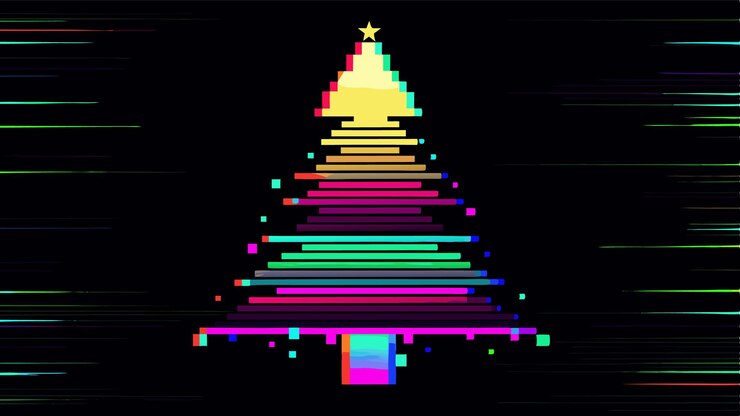 Vector colorful digital christmas tree in a modern art style showcasing bright hues and geometric patterns against a dark background symbolizing festive cheer and creativity
