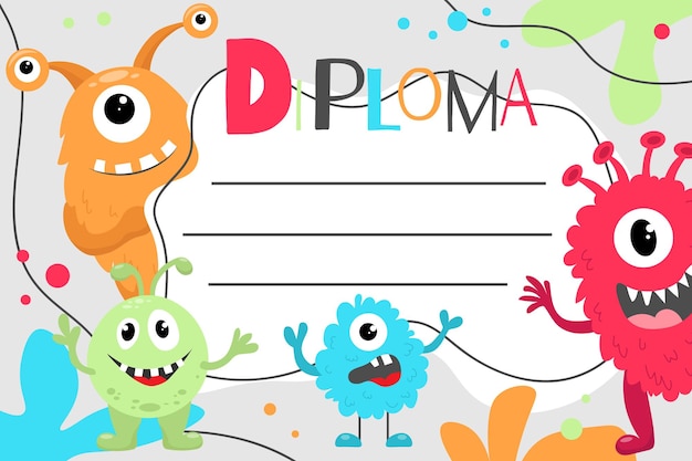 Vector a colorful diploma with cute monsters for preschoolers and kindergarteners place for text