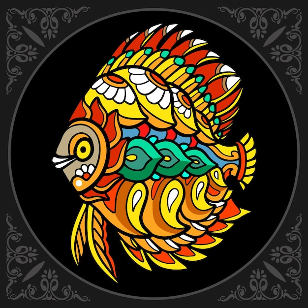 다채로운 토론 물고기 zentangle 예술 검은 배경에 고립