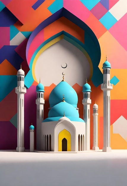 Vector a colorful display of a mosque with a blue dome and a mosque in the center