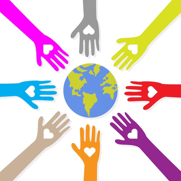 Colorful diverse arms protecting nature globe earth signifying group teamwork vector illustration