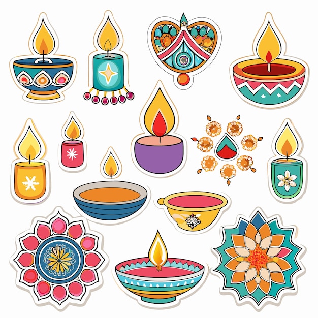 Vector colorful diwali candles and decorative mandala stickers set