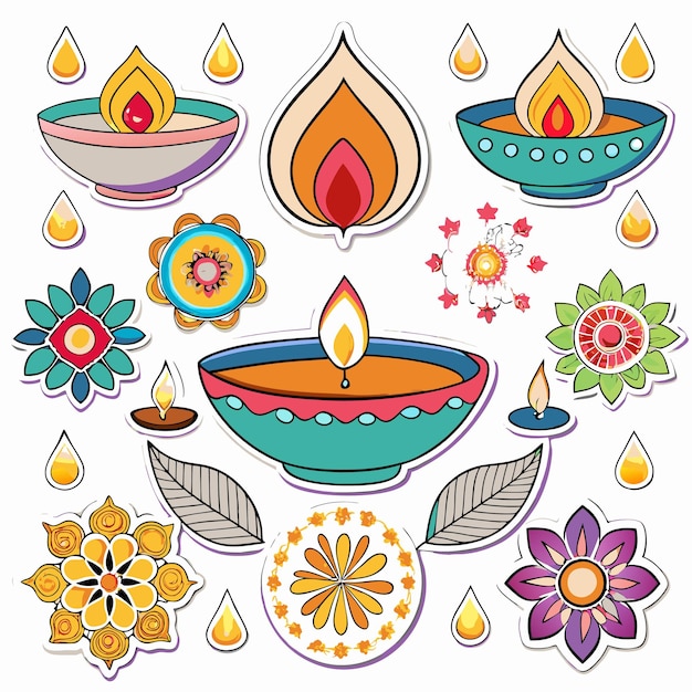 Vector colorful diwali diya and floral decorations