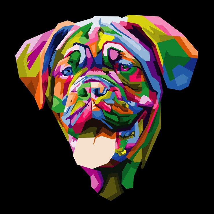 Vector colorful dog head with cool isolated pop art style backround