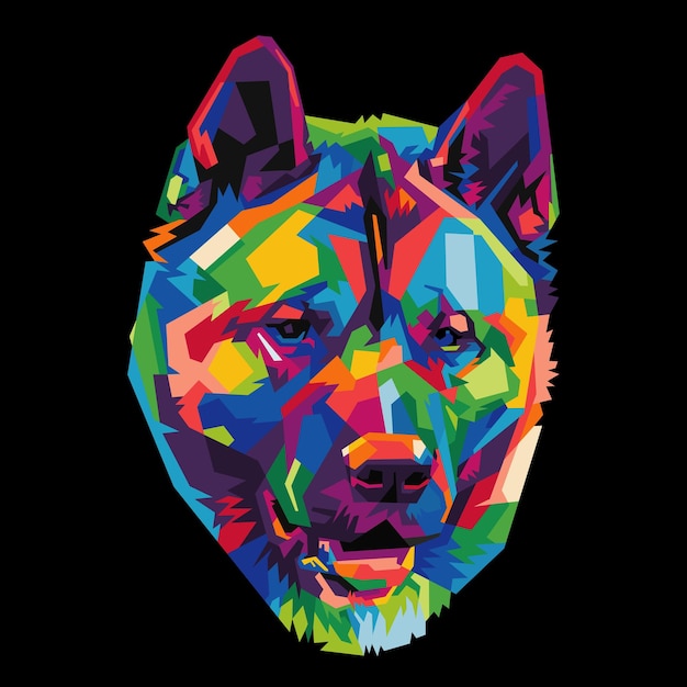 Testa di cane colorata con un fantastico sfondo in stile pop art isolato